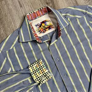 Robert Graham Shirt Long Sleeve Button Front Blue Green Striped Mens L flip Cuff